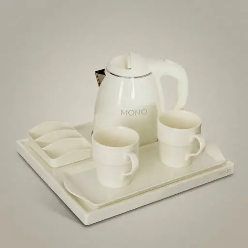 Melamine Tray Set with Strix Stainless Steel 1.2L Kettle [1070] — KTS-1070 — A melamine welcome-tray set with a main tray, three-compartment tea box and matching serving tray in strong, fire-resistant non-crack melamine. The polished surface is easy to clean, paired with a 1.2L Strix-controlled stainless steel kettle. The main tray measures 34.5x31.5cm, finished in ivory.