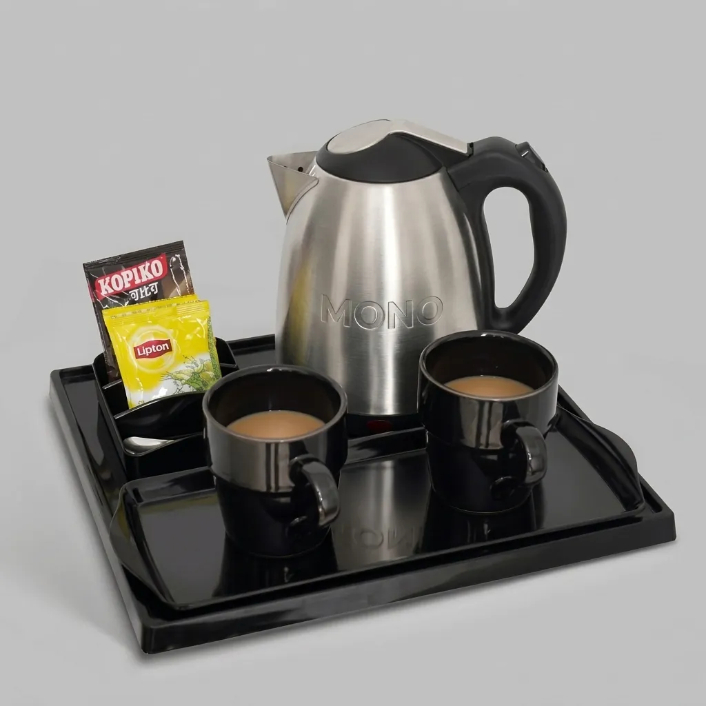 Melamine Tray Set with Strix Stainless Steel 1.2L Kettle with Matt Finish — KTS-1072 — A melamine welcome-tray set with a main tray, three-compartment tea box and matching serving tray in strong, fire-resistant non-crack melamine. The polished, easy-clean surface pairs with a 1.2L matt-finish Strix stainless steel kettle. The main tray measures 34.5x31.5cm, in stainless steel or black. (image 1)
