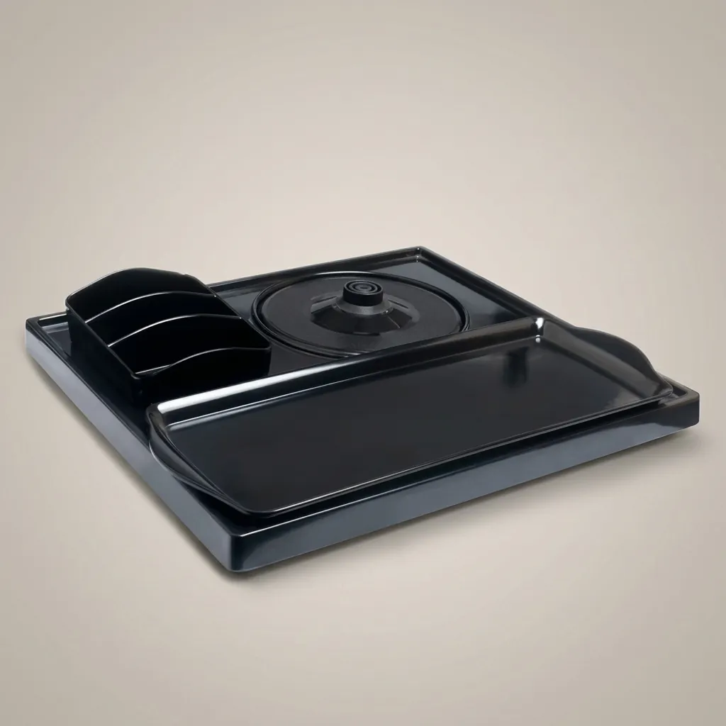 Melamine Tray Set with Strix Stainless Steel 1.2L Kettle with Matt Finish — KTS-1072 — A melamine welcome-tray set with a main tray, three-compartment tea box and matching serving tray in strong, fire-resistant non-crack melamine. The polished, easy-clean surface pairs with a 1.2L matt-finish Strix stainless steel kettle. The main tray measures 34.5x31.5cm, in stainless steel or black. (image 7)