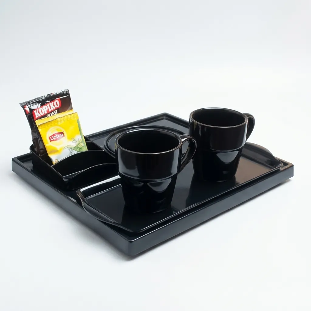 Melamine Tray Set with Strix Stainless Steel 1.2L Kettle with Matt Finish — KTS-1072 — A melamine welcome-tray set with a main tray, three-compartment tea box and matching serving tray in strong, fire-resistant non-crack melamine. The polished, easy-clean surface pairs with a 1.2L matt-finish Strix stainless steel kettle. The main tray measures 34.5x31.5cm, in stainless steel or black. (image 8)