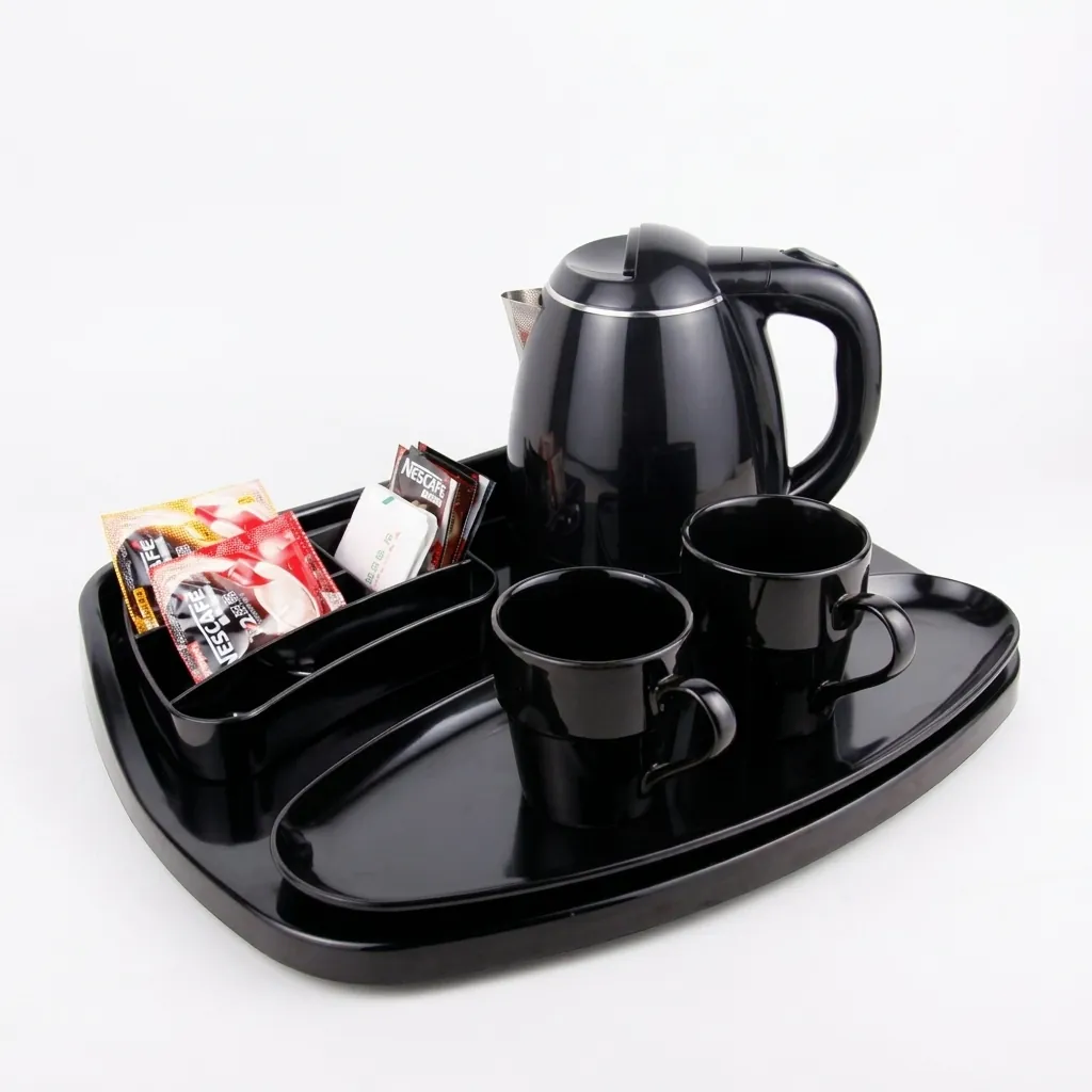 Melamine Tray Set with Strix Stainless Steel 1.2L Kettle [1073] — KTS-1073 — A premium melamine welcome-tray set with a large main tray, four-compartment tea box and matching serving tray in strong, fire-resistant non-crack melamine. The polished, easy-clean surface pairs with a 1.2L Strix-controlled stainless steel kettle. The roomy main tray measures 46.2x36.9cm, finished in black. (image 4)