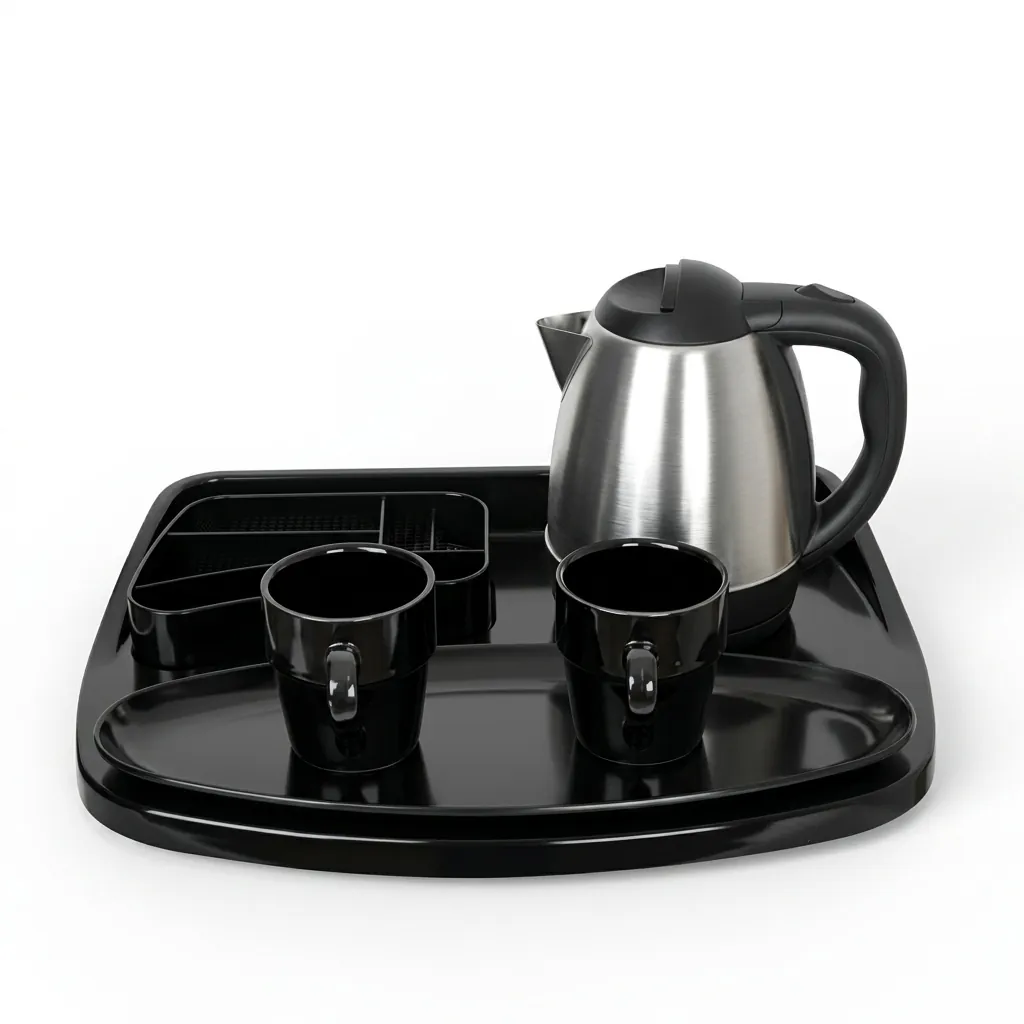 Melamine Tray Set with Stainless Steel 1.2L Kettle with Spout Strainer [1074] — KTS-1074 — A premium melamine welcome-tray set with a large main tray, four-compartment tea box and matching serving tray in strong, fire-resistant non-crack melamine. The polished surface wipes clean easily, paired with a 1.2L stainless steel kettle featuring a spout strainer. The roomy main tray measures 46.2x36.9cm, finished in black. (image 6)