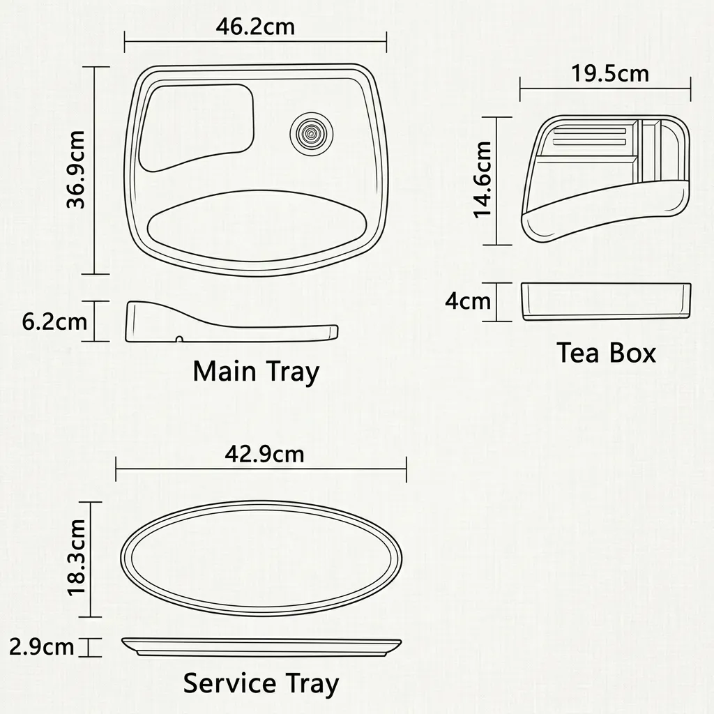Melamine Tray Set with Stainless Steel 1.2L Kettle [1075] — KTS-1075 — A premium melamine welcome-tray set with a large main tray, four-compartment tea box and matching serving tray in strong, fire-resistant non-crack melamine. The polished, easy-clean surface pairs with a 1.2L stainless steel kettle. The roomy main tray measures 46.2x36.9cm, in stainless steel or black. (image 2)
