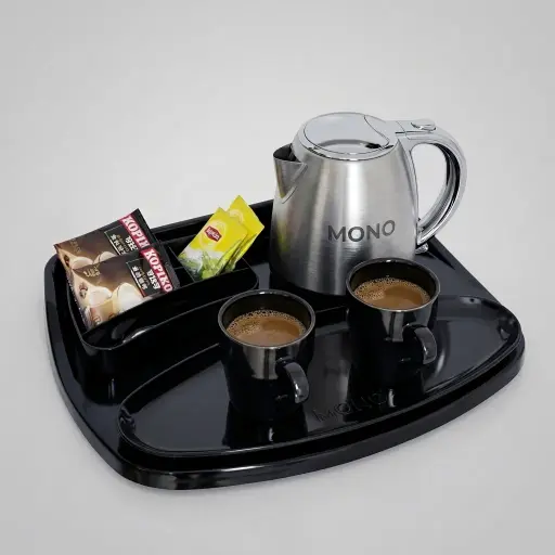 Melamine Tray Set with Stainless Steel 1.2L Kettle [1075] — KTS-1075 — A premium melamine welcome-tray set with a large main tray, four-compartment tea box and matching serving tray in strong, fire-resistant non-crack melamine. The polished, easy-clean surface pairs with a 1.2L stainless steel kettle. The roomy main tray measures 46.2x36.9cm, in stainless steel or black.