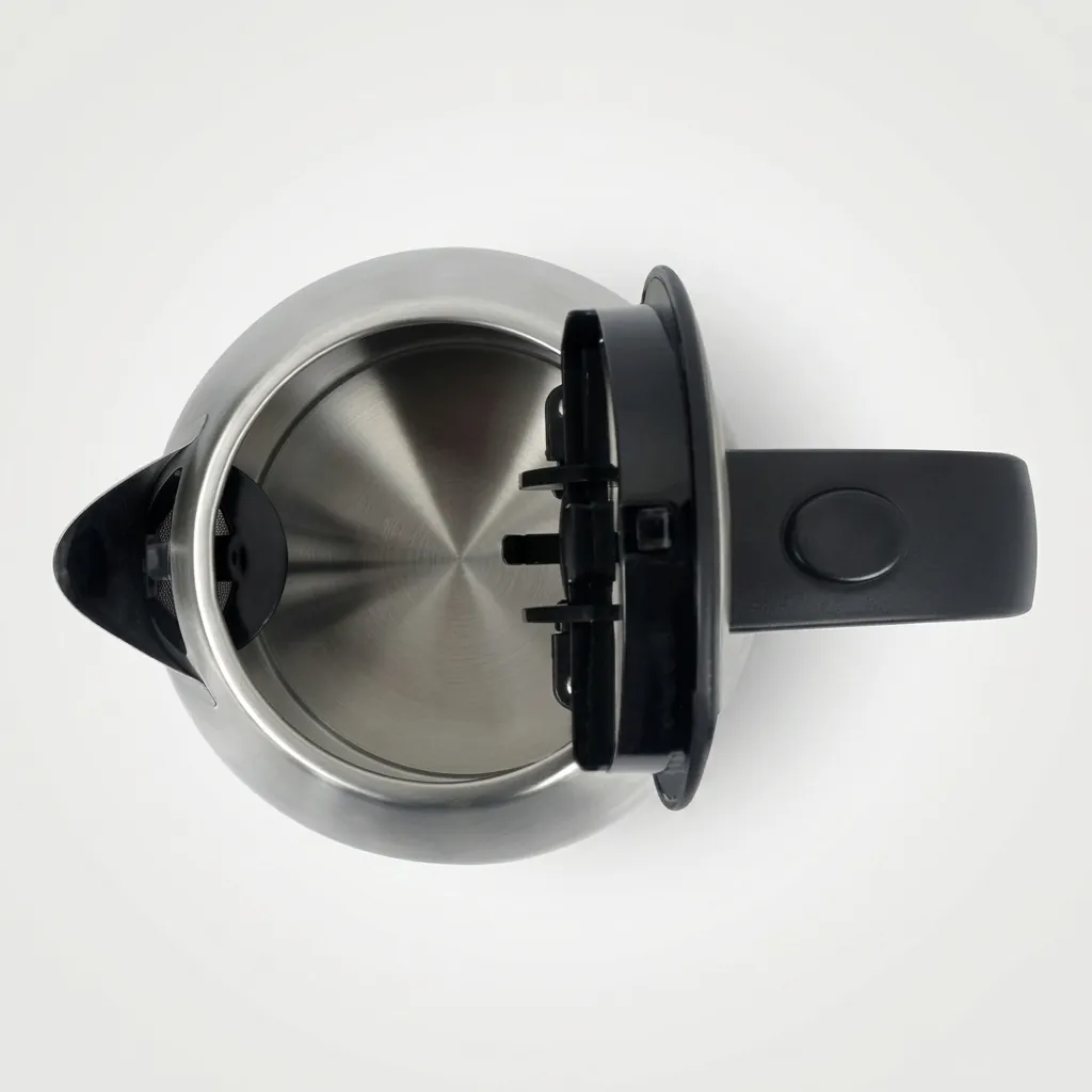 Melamine Tray Set with Stainless Steel 1.2L Kettle [1075] — KTS-1075 — A premium melamine welcome-tray set with a large main tray, four-compartment tea box and matching serving tray in strong, fire-resistant non-crack melamine. The polished, easy-clean surface pairs with a 1.2L stainless steel kettle. The roomy main tray measures 46.2x36.9cm, in stainless steel or black. (image 6)