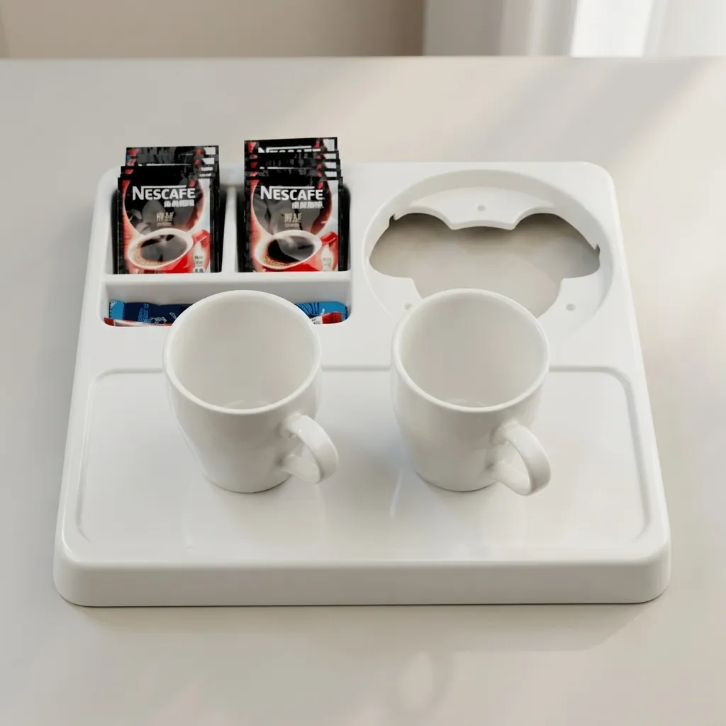 Melamine Tray Set with Strix Stainless Steel 1.2L Kettle [1076] — KTS-1076 — A melamine welcome tray in strong, fire-resistant non-crack melamine with an integrated kettle base, three sachet-and-spoon compartments and space for cups. The polished surface wipes clean easily, paired with a 1.2L double-body Strix stainless steel kettle. A 36.5x34cm tray finished in white. (image 4)