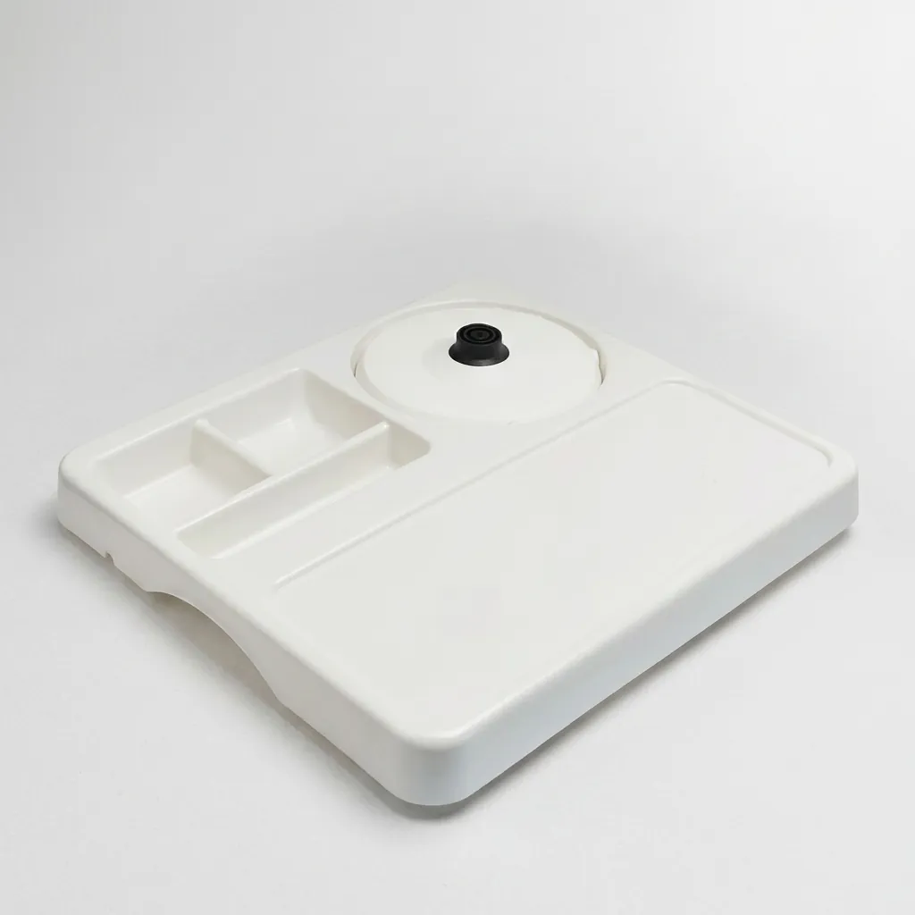 Melamine Tray Set with Strix Stainless Steel 1.2L Kettle [1076] — KTS-1076 — A melamine welcome tray in strong, fire-resistant non-crack melamine with an integrated kettle base, three sachet-and-spoon compartments and space for cups. The polished surface wipes clean easily, paired with a 1.2L double-body Strix stainless steel kettle. A 36.5x34cm tray finished in white. (image 5)