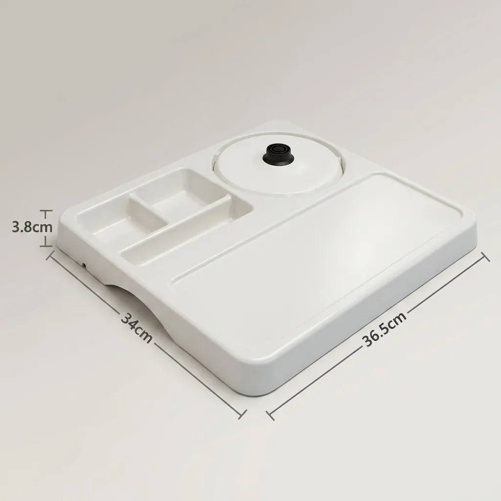 Melamine Tray Set with Strix Stainless Steel 1.2L Kettle [1076] — KTS-1076 — A melamine welcome tray in strong, fire-resistant non-crack melamine with an integrated kettle base, three sachet-and-spoon compartments and space for cups. The polished surface wipes clean easily, paired with a 1.2L double-body Strix stainless steel kettle. A 36.5x34cm tray finished in white. (image 6)