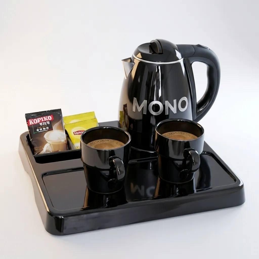 Melamine Tray Set with Strix Stainless Steel 1.2L Kettle [1077] — KTS-1077 — A melamine welcome tray in strong, fire-resistant non-crack melamine with an integrated kettle base, three sachet-and-spoon compartments and space for cups. The polished, easy-clean surface pairs with a 1.2L double-body Strix stainless steel kettle. A 36.5x34cm tray finished in black. (image 1)