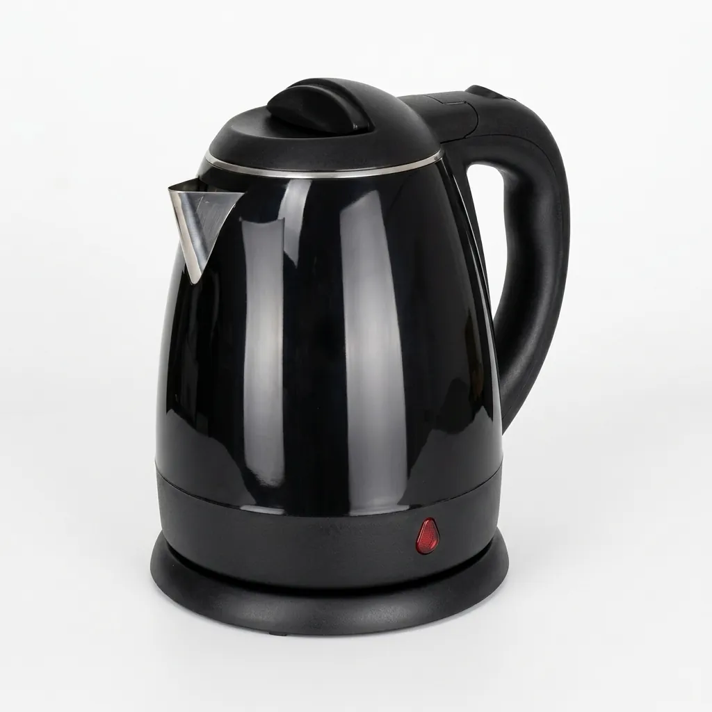 Melamine Tray Set with Strix Stainless Steel 1.2L Kettle [1077] — KTS-1077 — A melamine welcome tray in strong, fire-resistant non-crack melamine with an integrated kettle base, three sachet-and-spoon compartments and space for cups. The polished, easy-clean surface pairs with a 1.2L double-body Strix stainless steel kettle. A 36.5x34cm tray finished in black. (image 2)