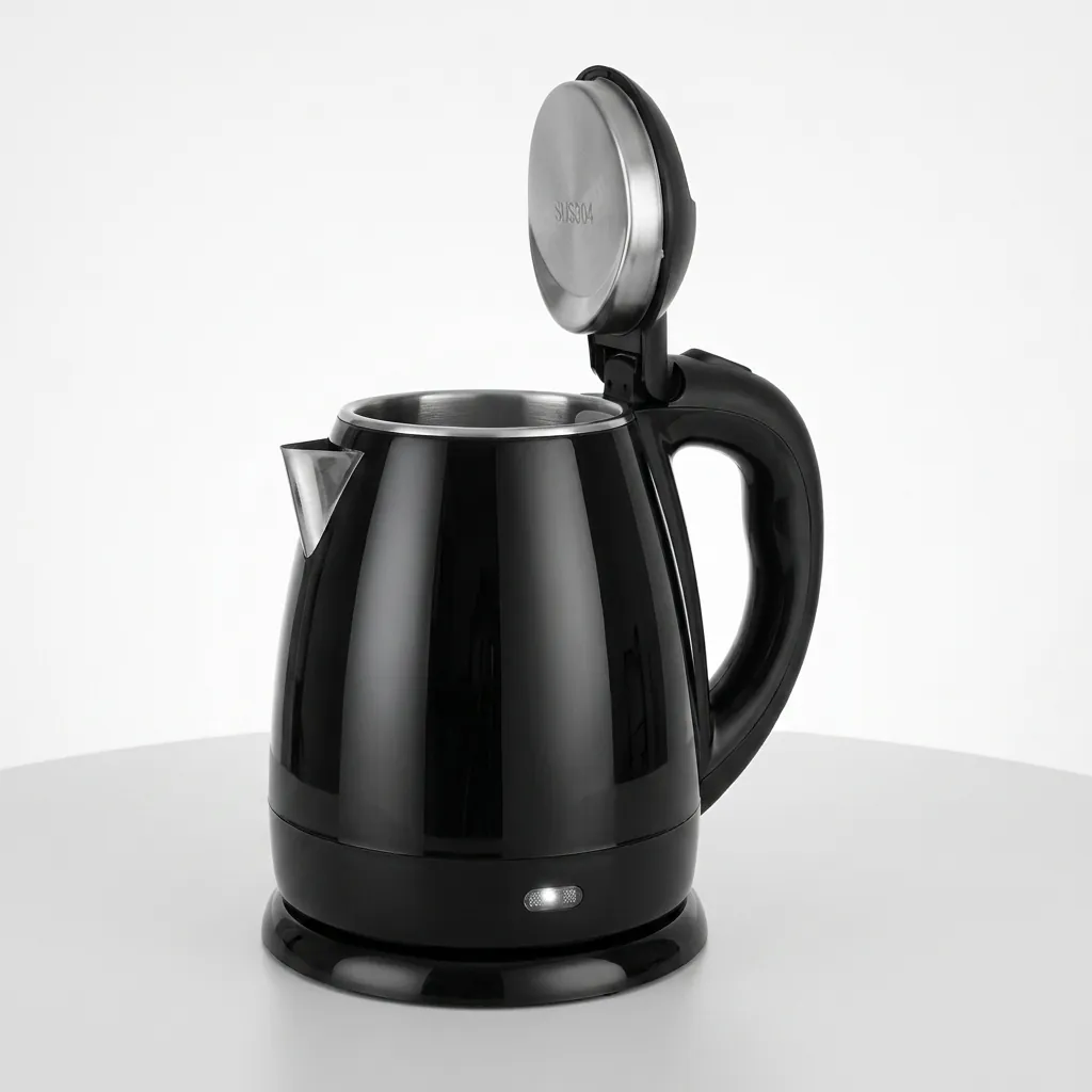 Melamine Tray Set with Strix Stainless Steel 1.2L Kettle [1077] — KTS-1077 — A melamine welcome tray in strong, fire-resistant non-crack melamine with an integrated kettle base, three sachet-and-spoon compartments and space for cups. The polished, easy-clean surface pairs with a 1.2L double-body Strix stainless steel kettle. A 36.5x34cm tray finished in black. (image 4)