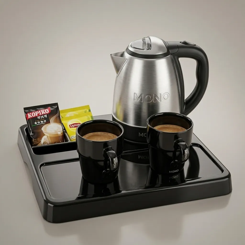 Melamine Tray Set with Stainless Steel 1.2L Kettle with Spout Strainer [1078] — KTS-1078 — A melamine welcome tray in strong, fire-resistant non-crack melamine with an integrated kettle base, three sachet-and-spoon compartments and space for cups. The polished surface wipes clean easily, paired with a 1.2L stainless steel kettle featuring a spout strainer. A 36.5x34cm tray finished in black. (image 1)