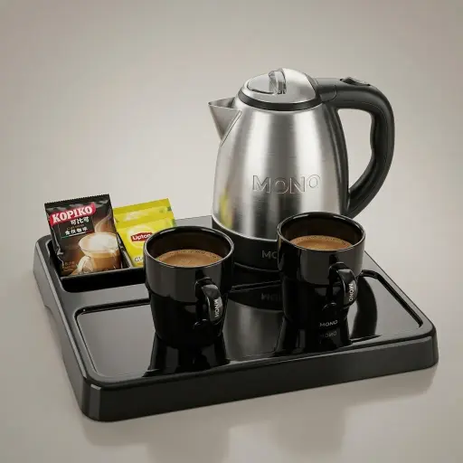 Melamine Tray Set with Stainless Steel 1.2L Kettle with Spout Strainer [1078] — KTS-1078 — A melamine welcome tray in strong, fire-resistant non-crack melamine with an integrated kettle base, three sachet-and-spoon compartments and space for cups. The polished surface wipes clean easily, paired with a 1.2L stainless steel kettle featuring a spout strainer. A 36.5x34cm tray finished in black.