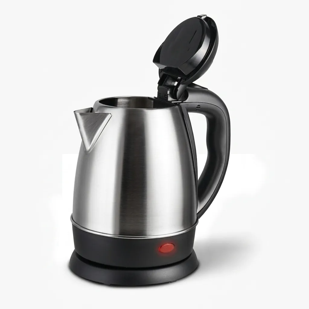Melamine Tray Set with Stainless Steel 1.2L Kettle with Spout Strainer [1078] — KTS-1078 — A melamine welcome tray in strong, fire-resistant non-crack melamine with an integrated kettle base, three sachet-and-spoon compartments and space for cups. The polished surface wipes clean easily, paired with a 1.2L stainless steel kettle featuring a spout strainer. A 36.5x34cm tray finished in black. (image 4)
