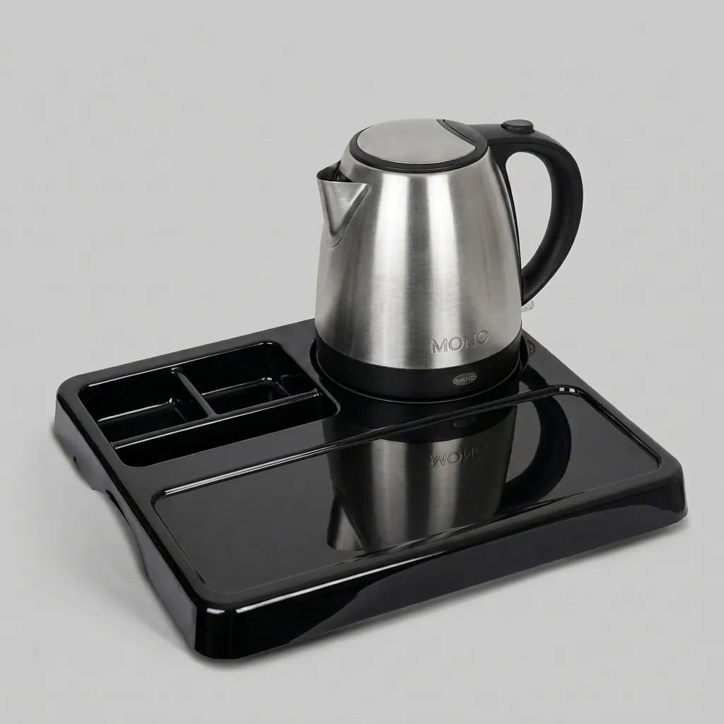 Melamine Tray Set with Stainless Steel 1.2L Kettle [1079] — KTS-1079 — A melamine welcome tray in strong, fire-resistant non-crack melamine with an integrated kettle base, three sachet-and-spoon compartments and space for cups. The polished surface is easy to clean, paired with a powerful 1.2L Strix stainless steel kettle. A 36.5x34cm tray in stainless steel or black. (image 1)