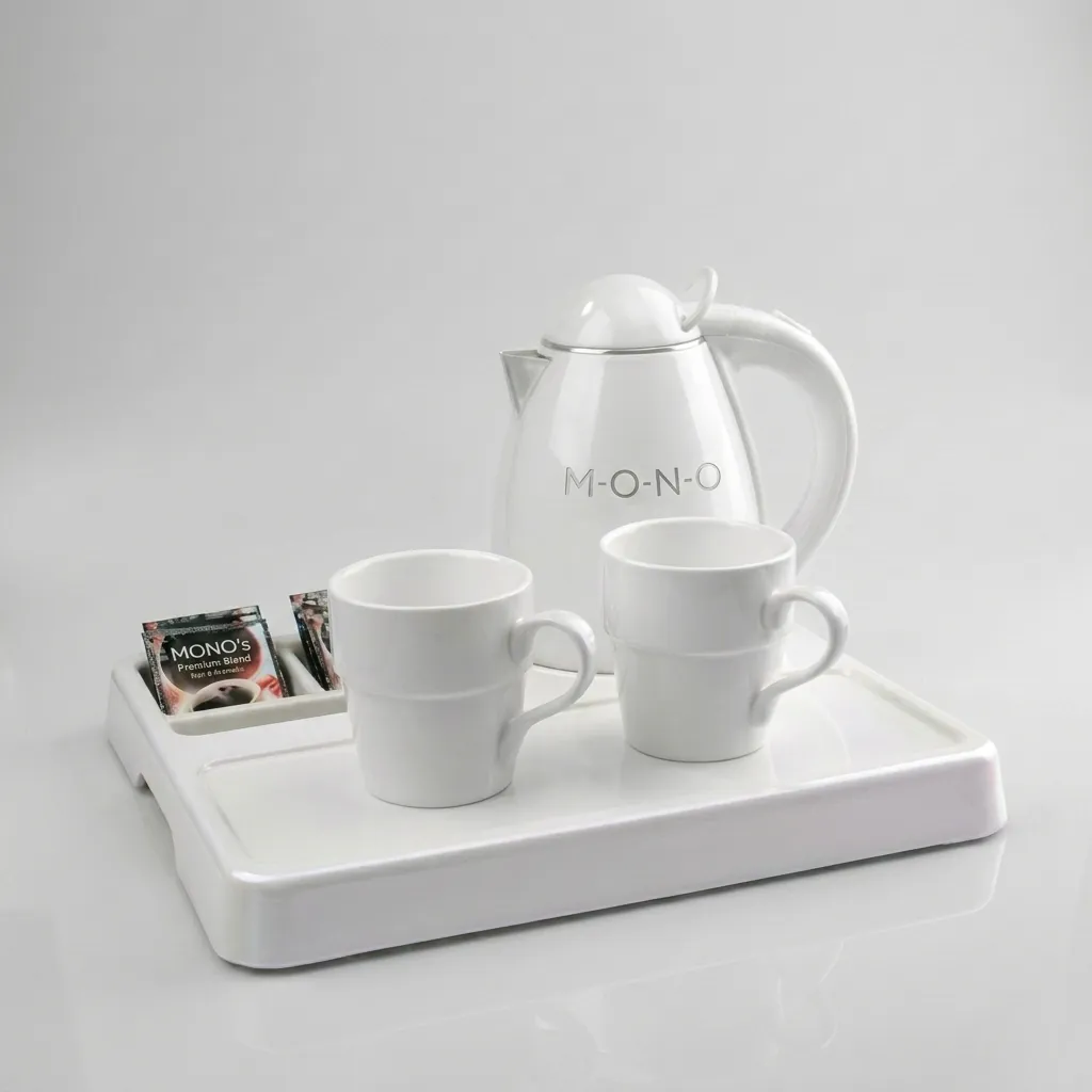 Melamine Tray Set with Stainless Steel Double Body 0.8L Kettle [1080] — KTS-1080 — A melamine welcome tray in strong, fire-resistant non-crack melamine with an integrated kettle base, three sachet-and-spoon compartments and space for cups. The polished surface wipes clean easily, paired with a 0.8L double-body stainless steel kettle. A 36.5x34cm tray finished in white. (image 1)