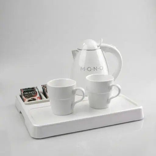 Melamine Tray Set with Stainless Steel Double Body 0.8L Kettle [1080] — KTS-1080 — A melamine welcome tray in strong, fire-resistant non-crack melamine with an integrated kettle base, three sachet-and-spoon compartments and space for cups. The polished surface wipes clean easily, paired with a 0.8L double-body stainless steel kettle. A 36.5x34cm tray finished in white.