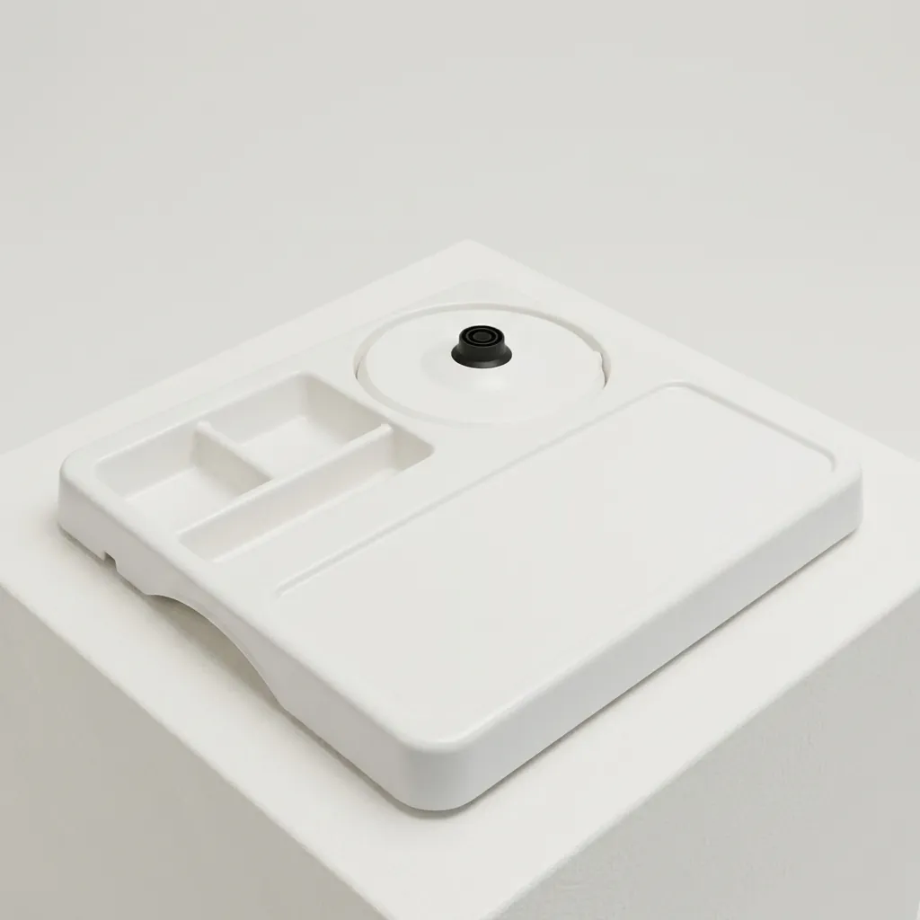 Melamine Tray Set with Stainless Steel Double Body 0.8L Kettle [1080] — KTS-1080 — A melamine welcome tray in strong, fire-resistant non-crack melamine with an integrated kettle base, three sachet-and-spoon compartments and space for cups. The polished surface wipes clean easily, paired with a 0.8L double-body stainless steel kettle. A 36.5x34cm tray finished in white. (image 4)