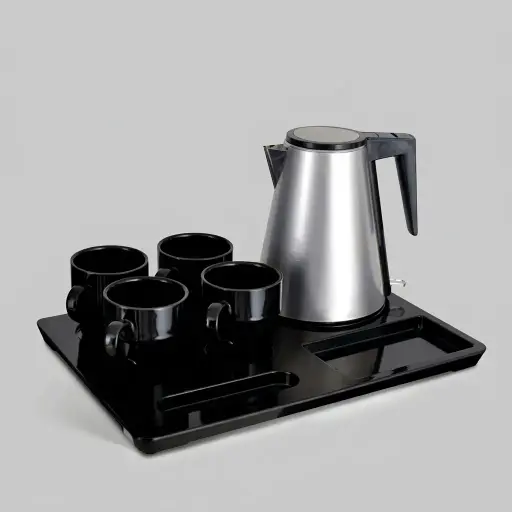 Melamine Tray Set with Stainless Steel Double Body 1.2L Kettle [1082] — KTS-1082 — A three-in-one polished melamine welcome tray with an integrated kettle base, two sachet-and-spoon compartments and space for four cups. Rounded corners ease cleaning, paired with a 1.2L silver double-body Strix stainless steel kettle. A 42x30cm tray, in black or silver.