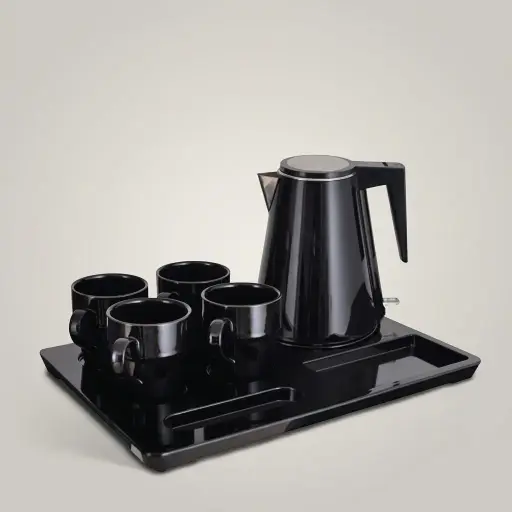 Melamine Tray Set with Stainless Steel Double Body 1.2L Kettle [1084] — KTS-1084 — A three-in-one polished melamine welcome tray with an integrated kettle base, two sachet-and-spoon compartments and space for four cups. Rounded corners ease cleaning, paired with a 1.2L black double-body Strix stainless steel kettle. A 42x30cm tray finished in black.
