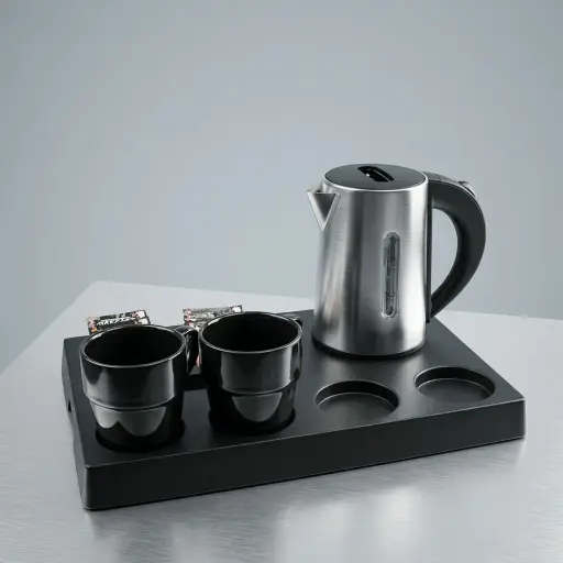 ABS Tray Set with Stainless Steel Double Body 0.6L Kettle [1086] — KTS-1086 — A three-in-one matt ABS welcome tray with a fixed kettle base, three sachet-and-spoon compartments and space for four cups. Rounded corners ease cleaning, paired with a 0.6L double-body stainless steel kettle. A 40.5x26.8cm tray, in stainless steel or black.