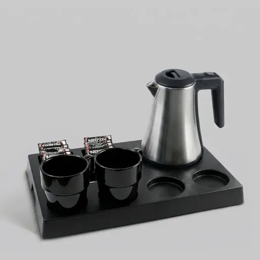 ABS Tray Set with Stainless Steel 0.8L Kettle [1089] — KTS-1089 — A three-in-one matt ABS welcome tray with a fixed kettle base, three sachet-and-spoon compartments and space for four cups. Rounded corners make it easy to clean, paired with a 0.8L matt stainless steel kettle. A 40.5x26.8cm tray finished in black.