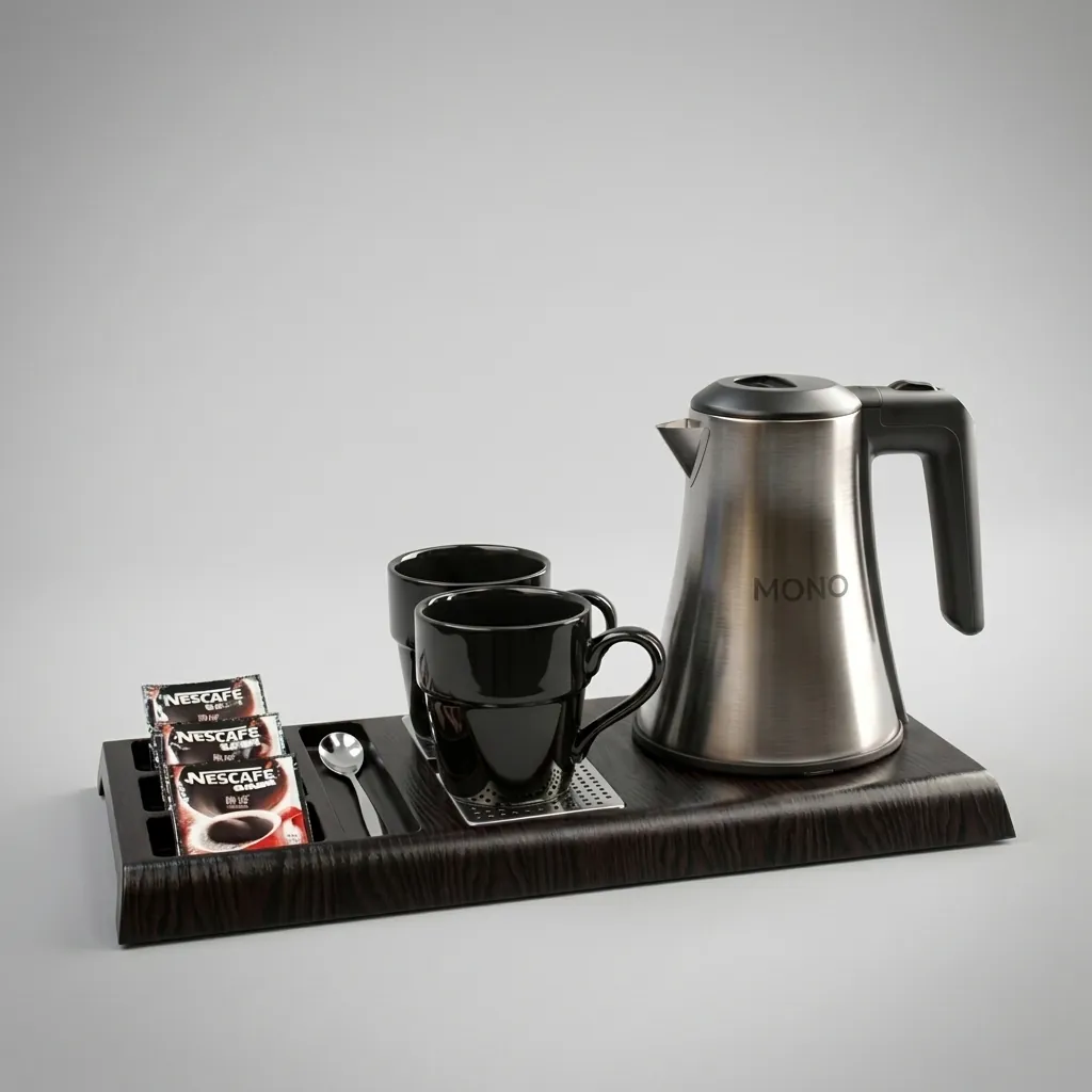 Wood Grain 3-in-1 Tray Set with Stainless Steel 0.8L Kettle [1091] — KTS-1091 (image 1)