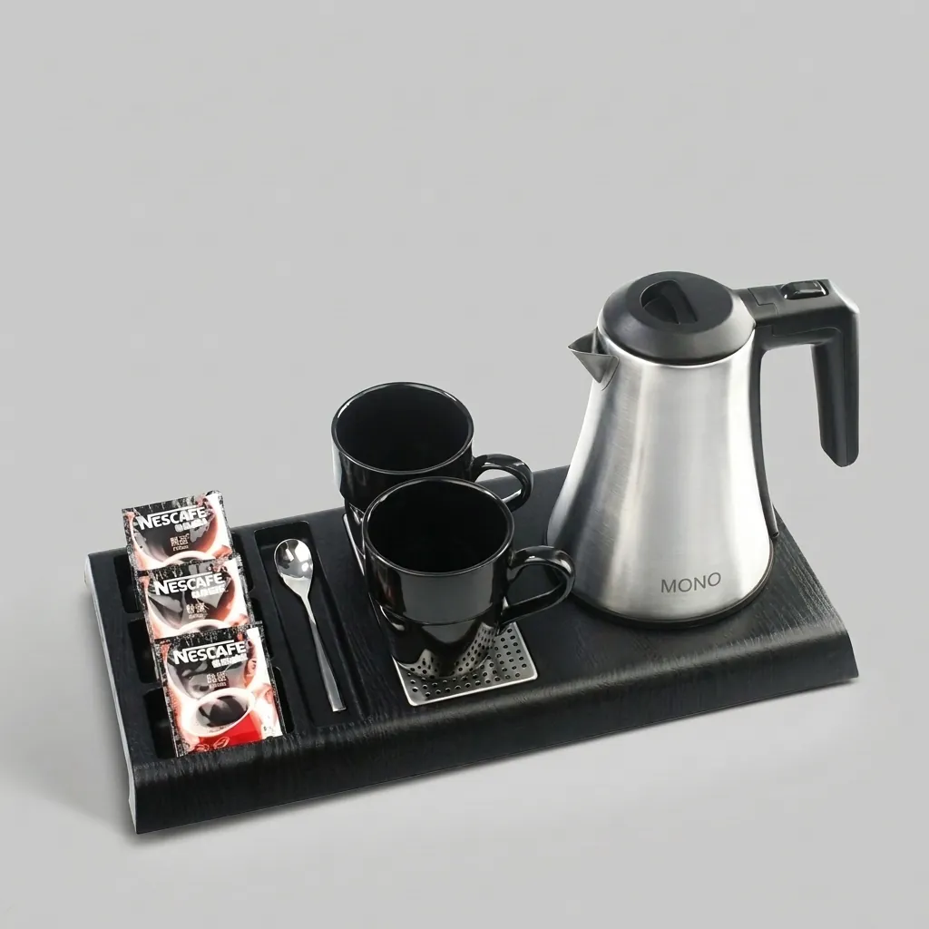 Wood Grain 3-in-1 Tray Set with Stainless Steel 0.8L Kettle [1092] — KTS-1092 (image 1)