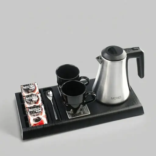 Wood Grain 3-in-1 Tray Set with Stainless Steel 0.8L Kettle [1092] — KTS-1092 — A three-in-one wood-grain ABS welcome tray with a fixed kettle base, four sachet-and-spoon compartments and a removable 304 stainless steel drip tray. Rounded corners ease cleaning, paired with a 0.8L matt stainless steel kettle. A 44.3x22.7cm tray finished in black.
