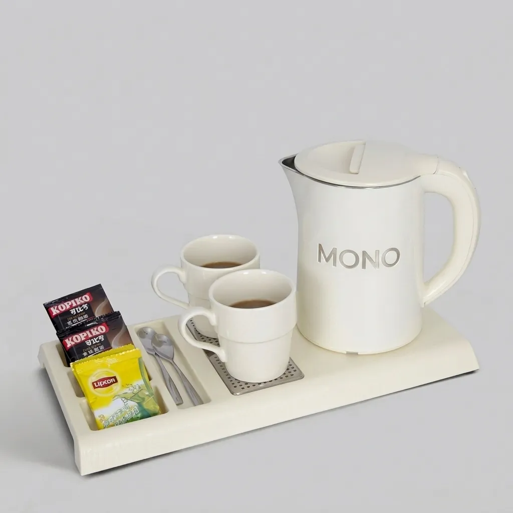 Wood Grain Tray Set with Stainless Steel Double Body 1.2L Kettle [1093] — KTS-1093 (image 1)