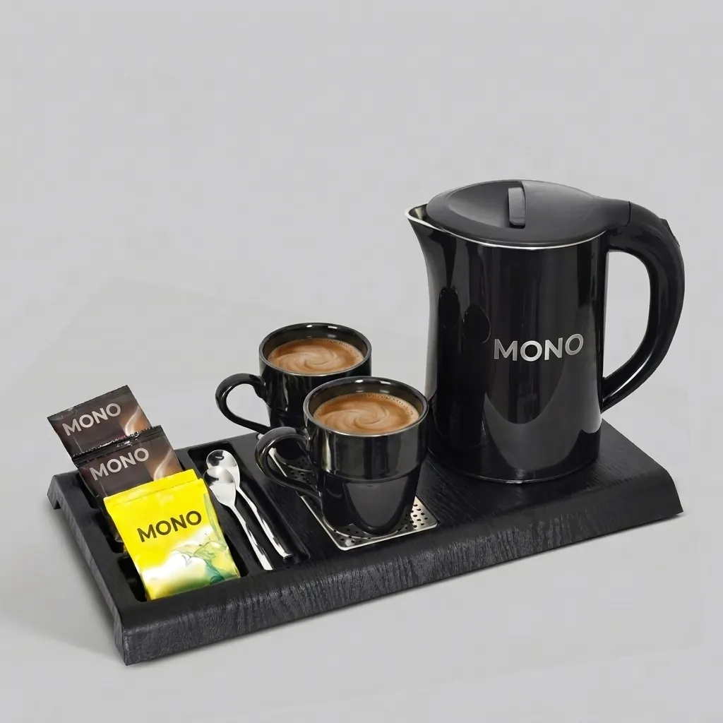 Wood Grain Tray Set with Stainless Steel Double Body 1.2L Kettle [1094] — KTS-1094 (image 1)