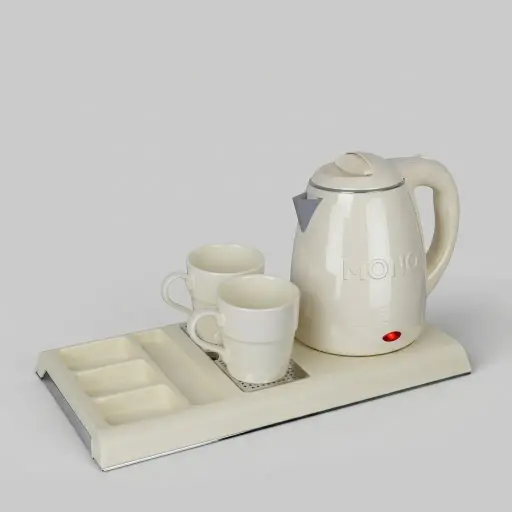 Wood Grain 3-in-1 Tray Set with Strix Stainless Steel 1.2L Kettle [1095] — KTS-1095 — A three-in-one wood-grain ABS welcome tray with a fixed kettle base, four sachet-and-spoon compartments and a removable 304 stainless steel drip tray. Rounded corners make it easy to clean, paired with a 1.2L double-body Strix stainless steel kettle. A 44.3x22.7cm tray finished in white.