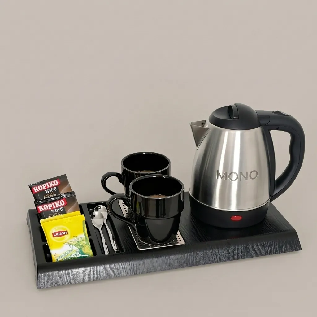 Wood Grain Tray Set with Stainless Steel 1.2L Kettle with Spout Strainer [1097]… (image 1)