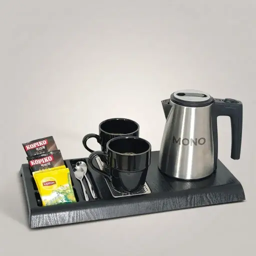 Wood Grain 3-in-1 Tray Set with Strix Stainless Steel 0.6L Kettle [1098] — KTS-1098 — A three-in-one wood-grain ABS welcome tray with a fixed kettle base, four sachet-and-spoon compartments and a removable 304 stainless steel drip tray. Rounded corners ease cleaning, paired with a 0.6L Strix-controlled stainless steel kettle. A 44.3x22.7cm tray, in stainless steel or black.