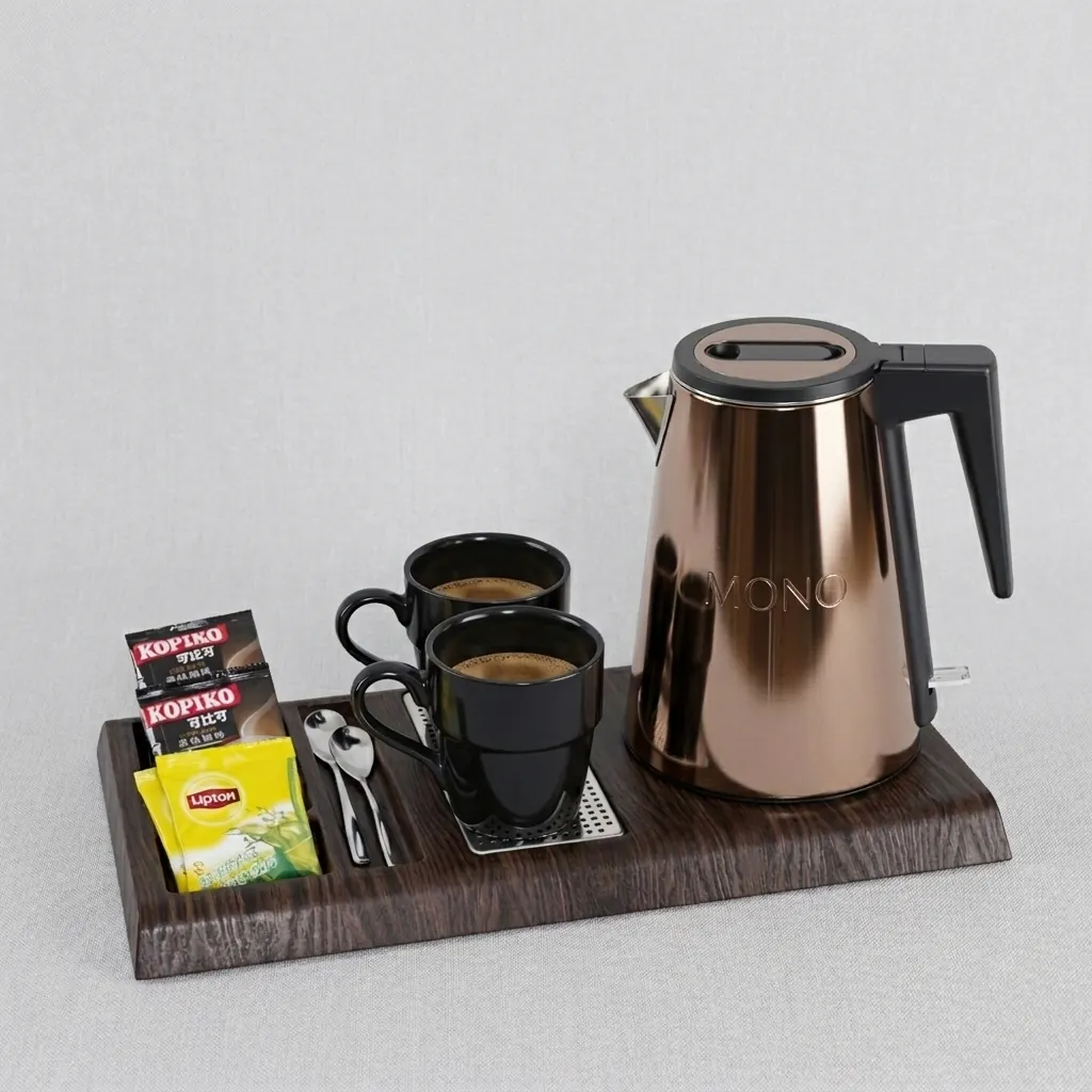 Wood Grain Tray Set with Seamless Stainless Steel Anti-Scald 0.8L Kettle — KTS-1099 (image 1)
