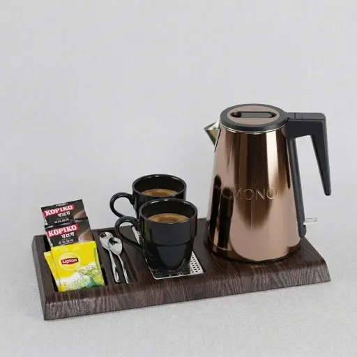 Wood Grain Tray Set with Seamless Stainless Steel Anti-Scald 0.8L Kettle — KTS-1099 — A three-in-one wood-grain ABS welcome tray with a fixed kettle base, four sachet-and-spoon compartments and a removable 304 stainless steel drip tray. Rounded corners make it easy to clean, paired with a 0.8L seamless, anti-scald stainless steel kettle. A 44.3x22.7cm tray finished in black.