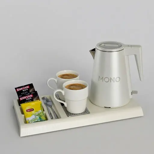 Wood Grain Tray Set with Strix Seamless Stainless Steel 0.8L Kettle [1103] — KTS-1103 — A three-in-one wood-grain ABS welcome tray with a fixed kettle base, four sachet-and-spoon compartments and a removable 304 stainless steel drip tray. Rounded corners make it easy to clean, paired with a 0.8L seamless 316 steel Strix kettle. A 44.3x22.7cm tray finished in white.