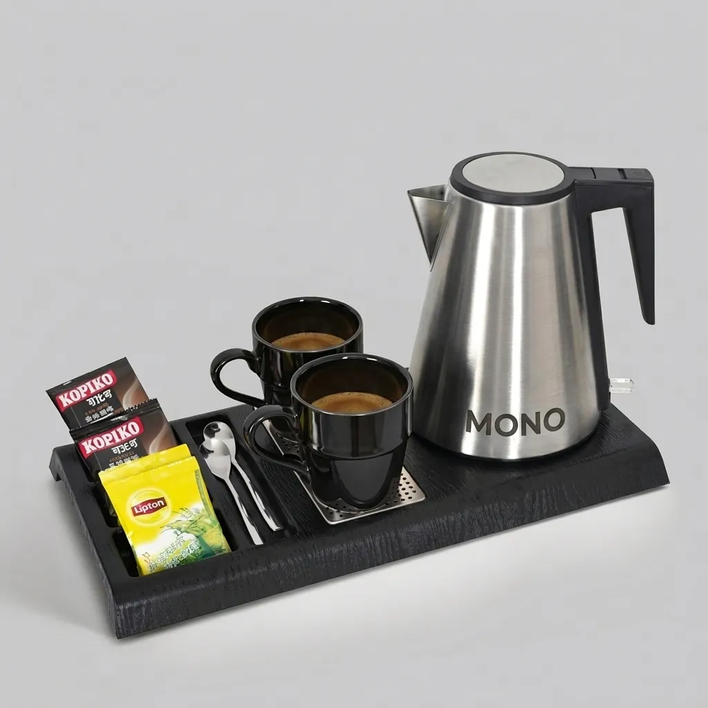 Wood Grain Tray Set with Stainless Steel 1.2L Kettle with Triple Protection — KTS-1104 (image 1)