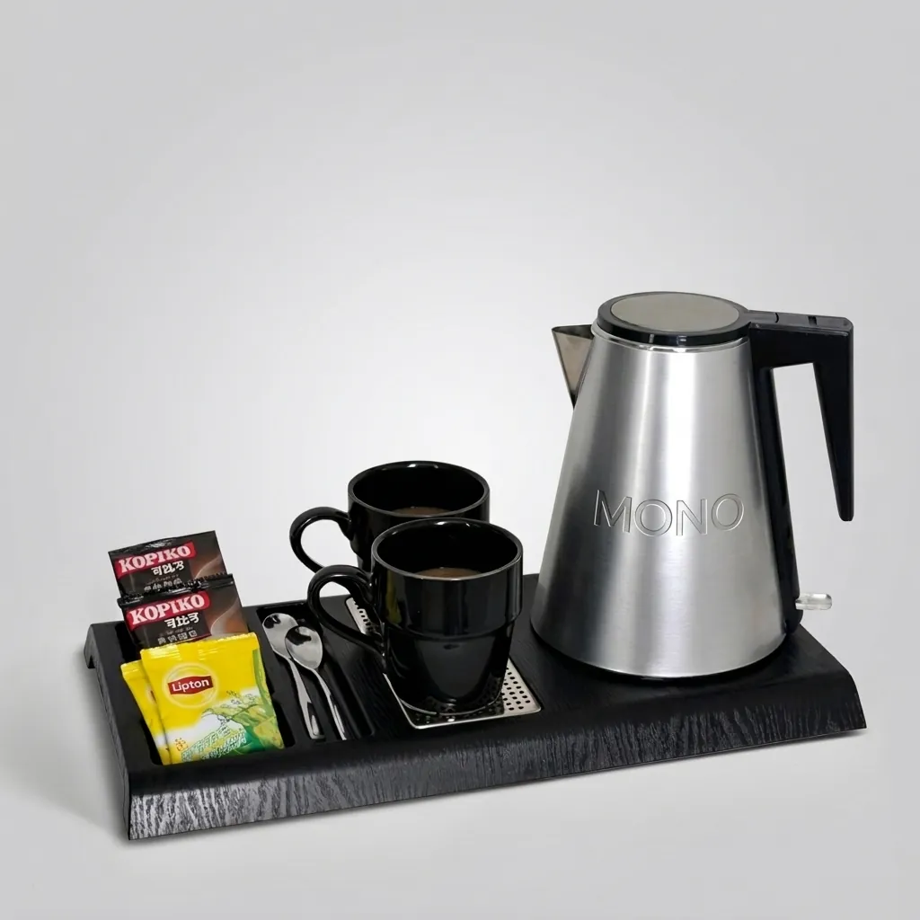 Wood Grain Tray Set with Stainless Steel Double Body 1.2L Kettle [1106] — KTS-1106 (image 1)