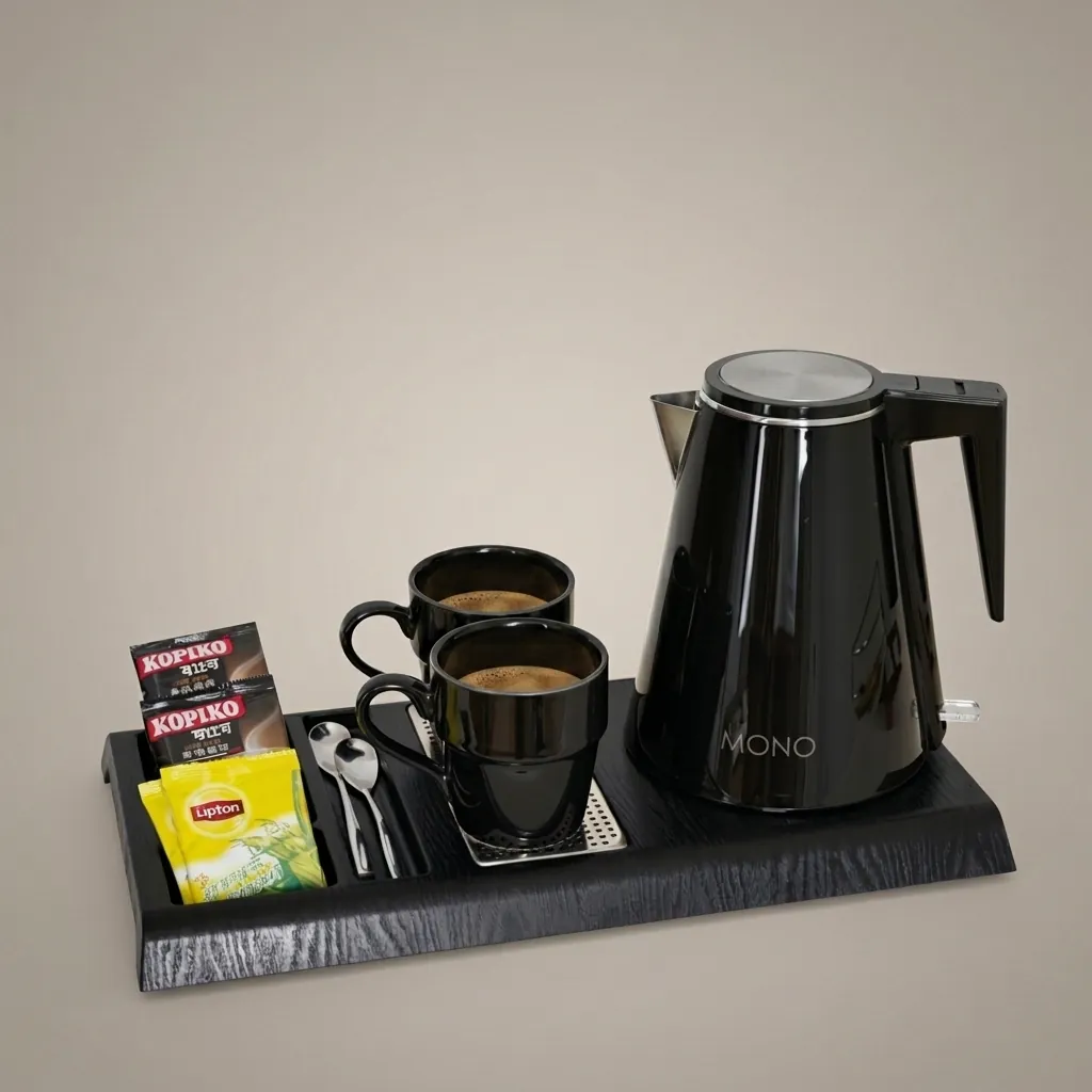 Wood Grain Tray Set with Stainless Steel Double Body 1.2L Kettle [1107] — KTS-1107 (image 1)