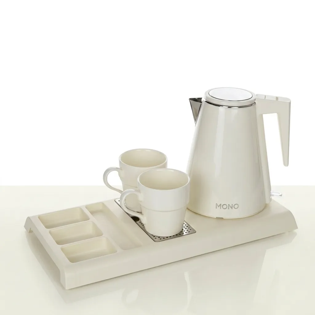 Wood Grain Tray Set with Stainless Steel Double Body 1.2L Kettle [1108] — KTS-1108 (image 1)