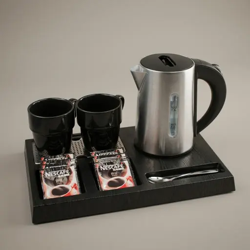 Wood Grain Tray Set with Stainless Steel Double Body 0.6L Kettle with Matt Finish — KTS-1109 — A three-in-one wood-grain ABS welcome tray with a fixed kettle base, three sachet-and-spoon compartments and a removable 304 stainless steel drip tray. Rounded corners ease cleaning, paired with a 0.6L matt double-body stainless steel kettle. A compact 36.3x24cm tray, in stainless steel or black.