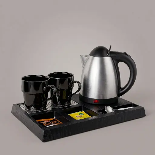 Wood Grain 3-in-1 Tray Set with Strix Stainless Steel 0.8L Kettle — KTS-1112 — A three-in-one wood-grain ABS welcome tray with a fixed kettle base, three sachet-and-spoon compartments and a removable 304 stainless steel drip tray. Rounded corners keep it easy to clean, paired with a 0.8L Strix-controlled stainless steel kettle. A compact 36.3x24cm tray, in stainless steel or black.