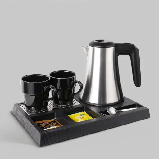 Wood Grain 3-in-1 Tray Set with Stainless Steel 0.8L Kettle [1113] — KTS-1113 — A three-in-one wood-grain ABS welcome tray with a fixed kettle base, three sachet-and-spoon compartments and a removable 304 stainless steel drip tray. Rounded corners ease cleaning, paired with a 0.8L matt stainless steel kettle. A compact 36.3x24cm tray finished in black.