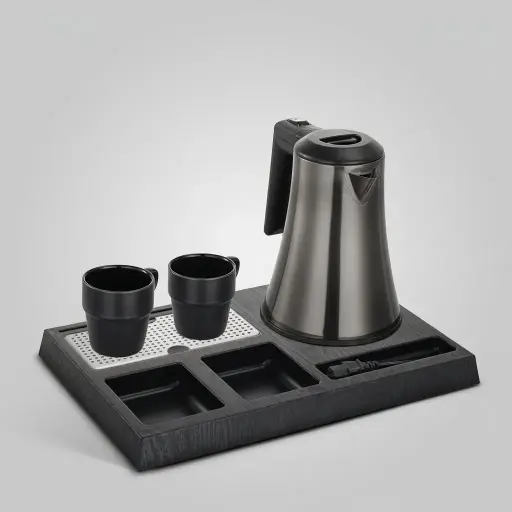 Wood Grain 3-in-1 Tray Set with Stainless Steel 0.8L Kettle [1114] — KTS-1114 — A three-in-one wood-grain ABS welcome tray with a fixed kettle base, three sachet-and-spoon compartments and a removable 304 stainless steel drip tray. Rounded corners make it easy to clean, paired with a 0.8L gun-finish stainless steel kettle. A compact 36.3x24cm tray finished in black.