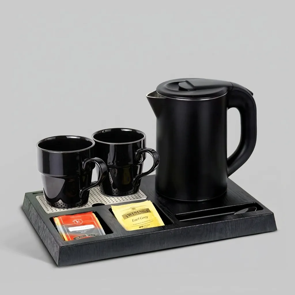 Wood Grain Tray Set with Stainless Steel Anti-Scald 0.8L Kettle [1115] — KTS-1115 (image 9)