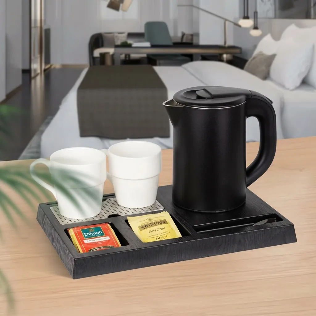 Wood Grain Tray Set with Stainless Steel Anti-Scald 0.8L Kettle [1115] — KTS-1115 (image 10)