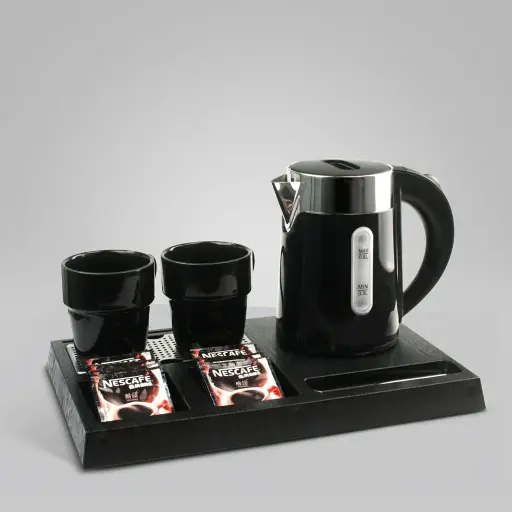 Wood Grain Tray Set with Stainless Steel Double Body 0.6L Kettle [1116] — KTS-1116 — A three-in-one wood-grain ABS welcome tray with a fixed kettle base, three sachet-and-spoon compartments and a removable 304 stainless steel drip tray. Rounded corners ease cleaning, paired with a 0.6L double-body stainless steel kettle. A compact 36.3x24cm tray finished in black.