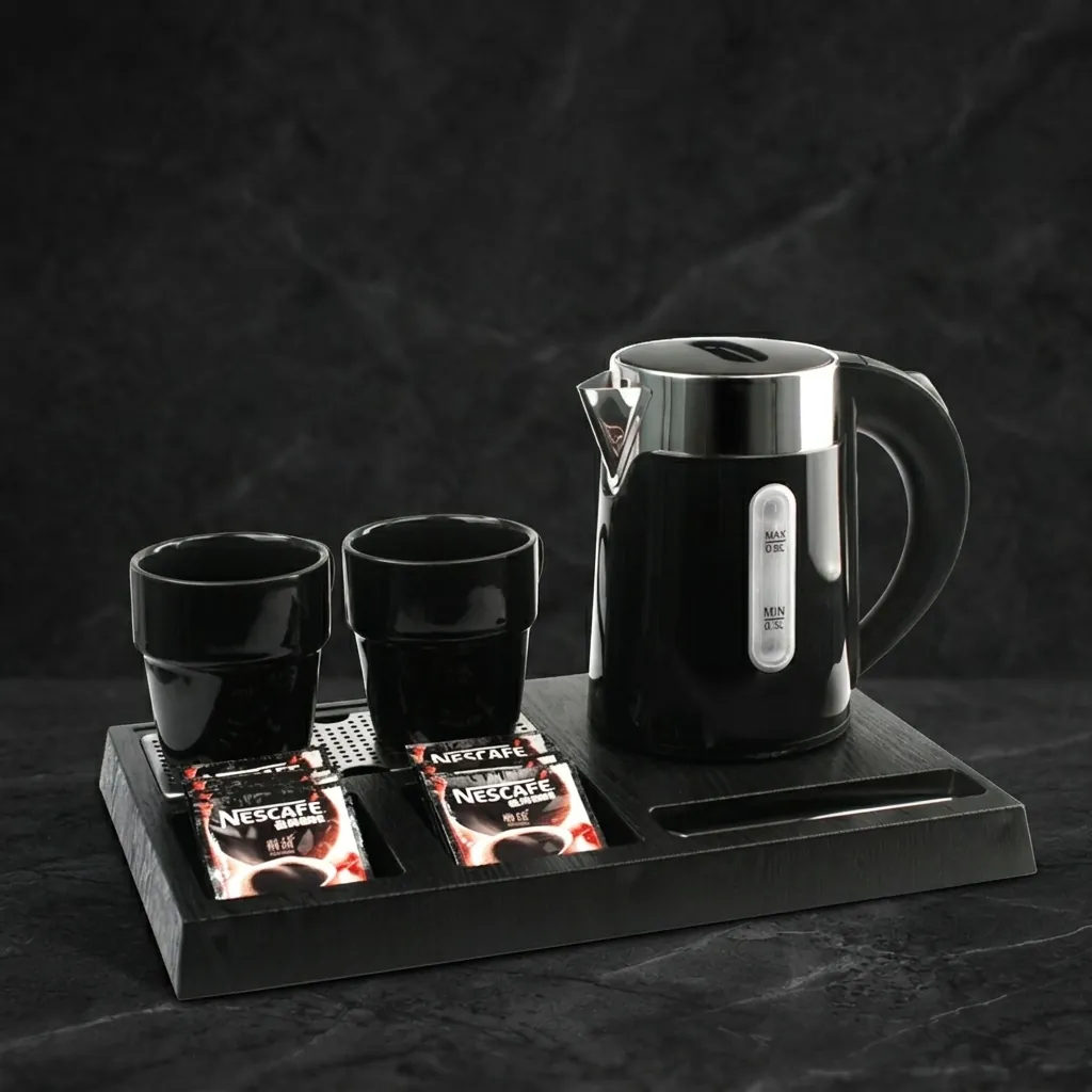 Wood Grain Tray Set with Stainless Steel Double Body 0.6L Kettle [1116] — KTS-1116 (image 5)