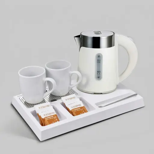 Wood Grain Tray Set with Stainless Steel Double Body 0.6L Kettle [1117] — KTS-1117 — A three-in-one wood-grain ABS welcome tray with a fixed kettle base, three sachet-and-spoon compartments and a removable 304 stainless steel drip tray. Rounded corners keep it easy to clean, paired with a 0.6L double-body stainless steel kettle. A compact 36.3x24cm tray finished in white.